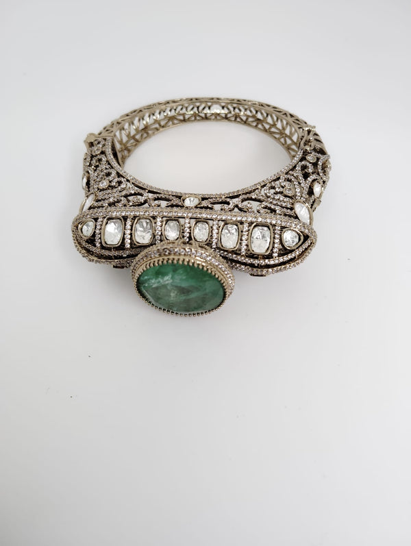 Moissanite Kundan, CZ, Doublet Stone, Openable Designer Bracelet Bangle, Gold Polish (Fits 2.6" wrists)