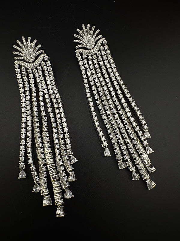 Premium Cubic Zirconia Chandelier extra long earrings, sun style long CZ tassel, Statement Long earring, Bridal, Party, Wedding jewelry
