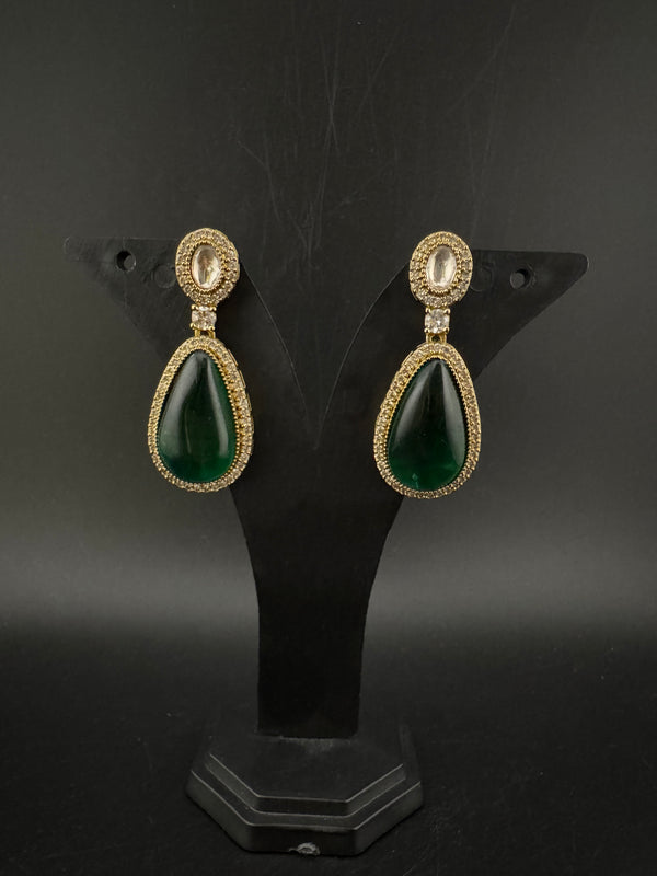 Green and Gold Kundan, Stone Chandelier Drop Earrings, Bridal, Moissanite, CZ, Designer jewelry