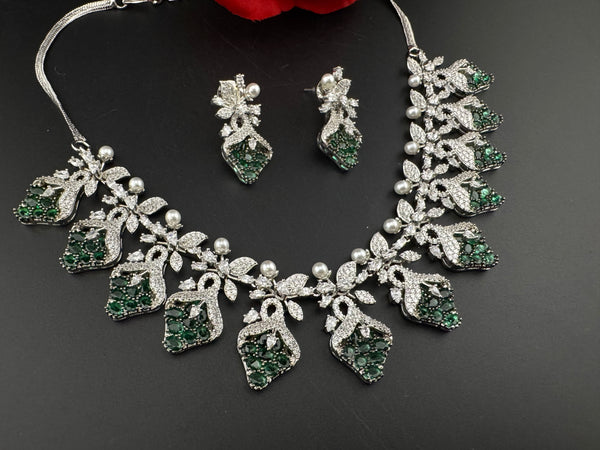 CZ Diamond Statement sleek Necklace Set, White Gold Plated Choker, 3D nature inspired