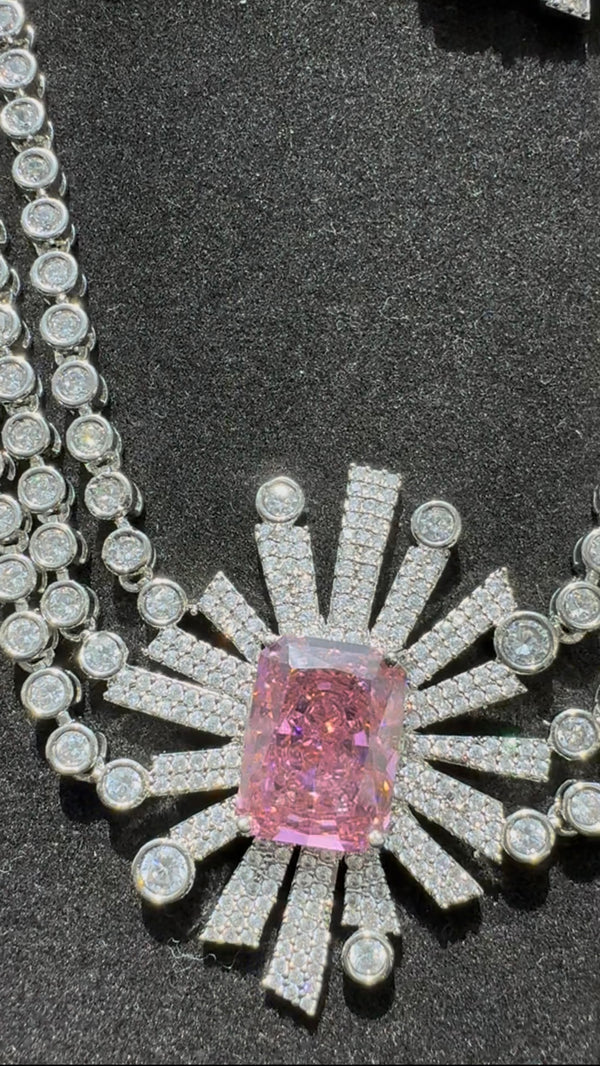Swarovski Crystals and CZ Diamond star burst Necklace Set, White Gold Plated set