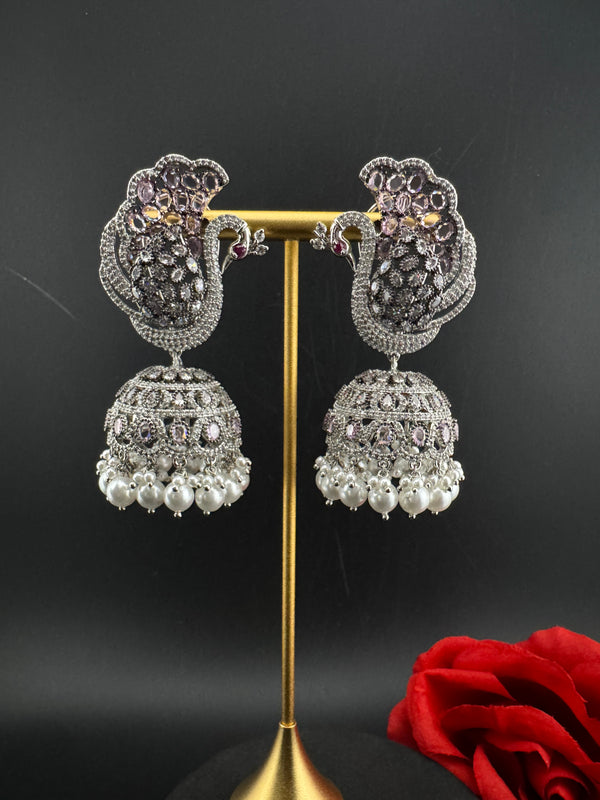 Premium Cubic Zirconia Peacock jhumka earrings is designer Inspired, Statement Long earring, Bridal, Party, Wedding jewelry, chic, Indian