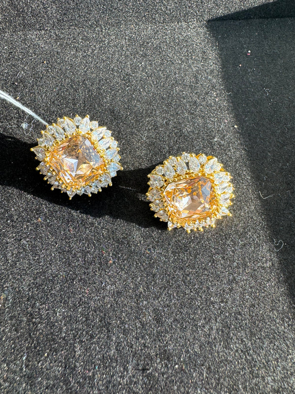 Gold Polish Crystal Stone Stud Earrings, Cubic Zirconia, AD, CZ, Indian Jewelry