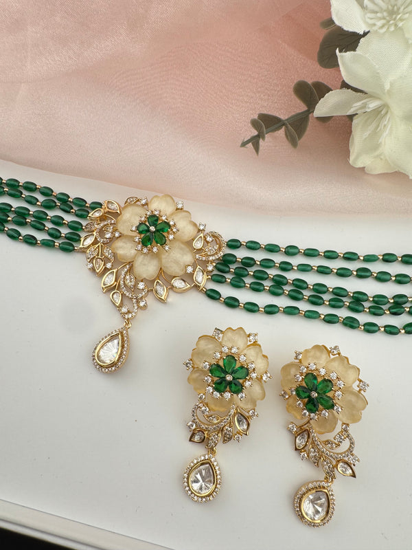 Kundan, Moissanite, MOP, CZ, Pearls Flexible Gold Choker necklace set, Indian Bridal Jewelry