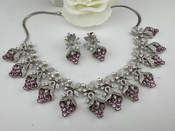CZ Diamond Statement sleek Necklace Set, White Gold Plated Choker, 3D nature inspired