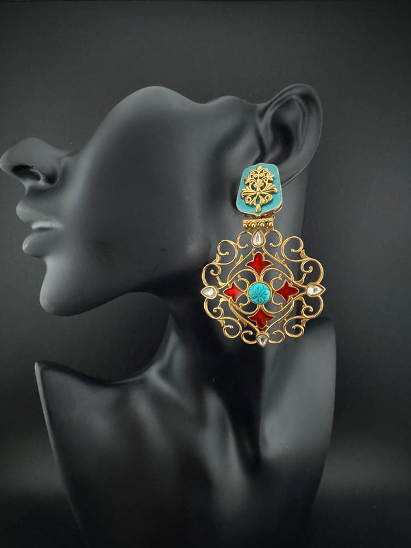 Antique Gold, Enamel, Stones Chandbali Dangle Earrings, Amrapali inspired Designer jewelry