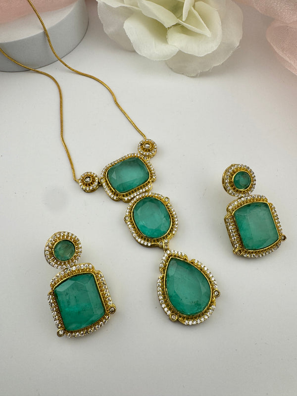 Doublet Stone Pendant Necklace Set with Matching Earrings, Brass CZ Jewelry