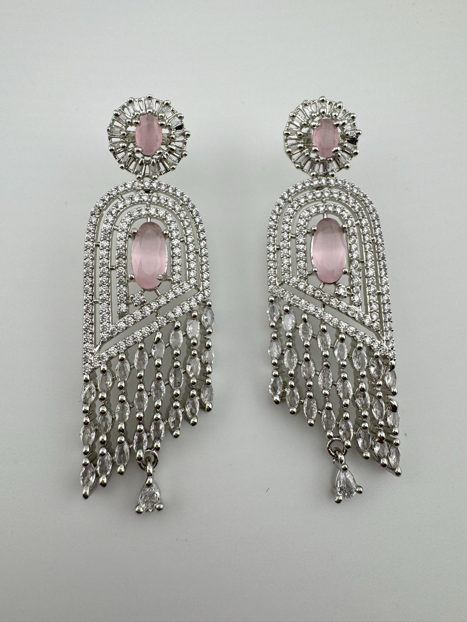 Pink Premium silver color Cubic Zirconia and Natural stone Long earrings