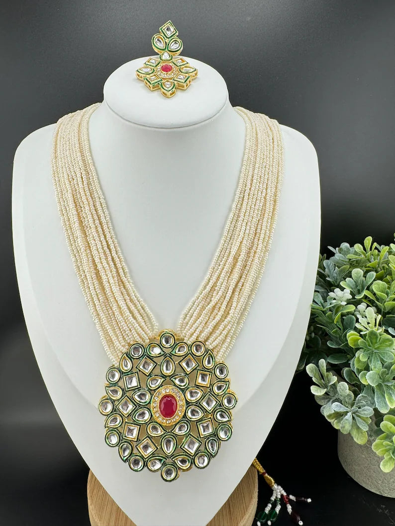 Kundan in small pearls Long Necklace set with earrings