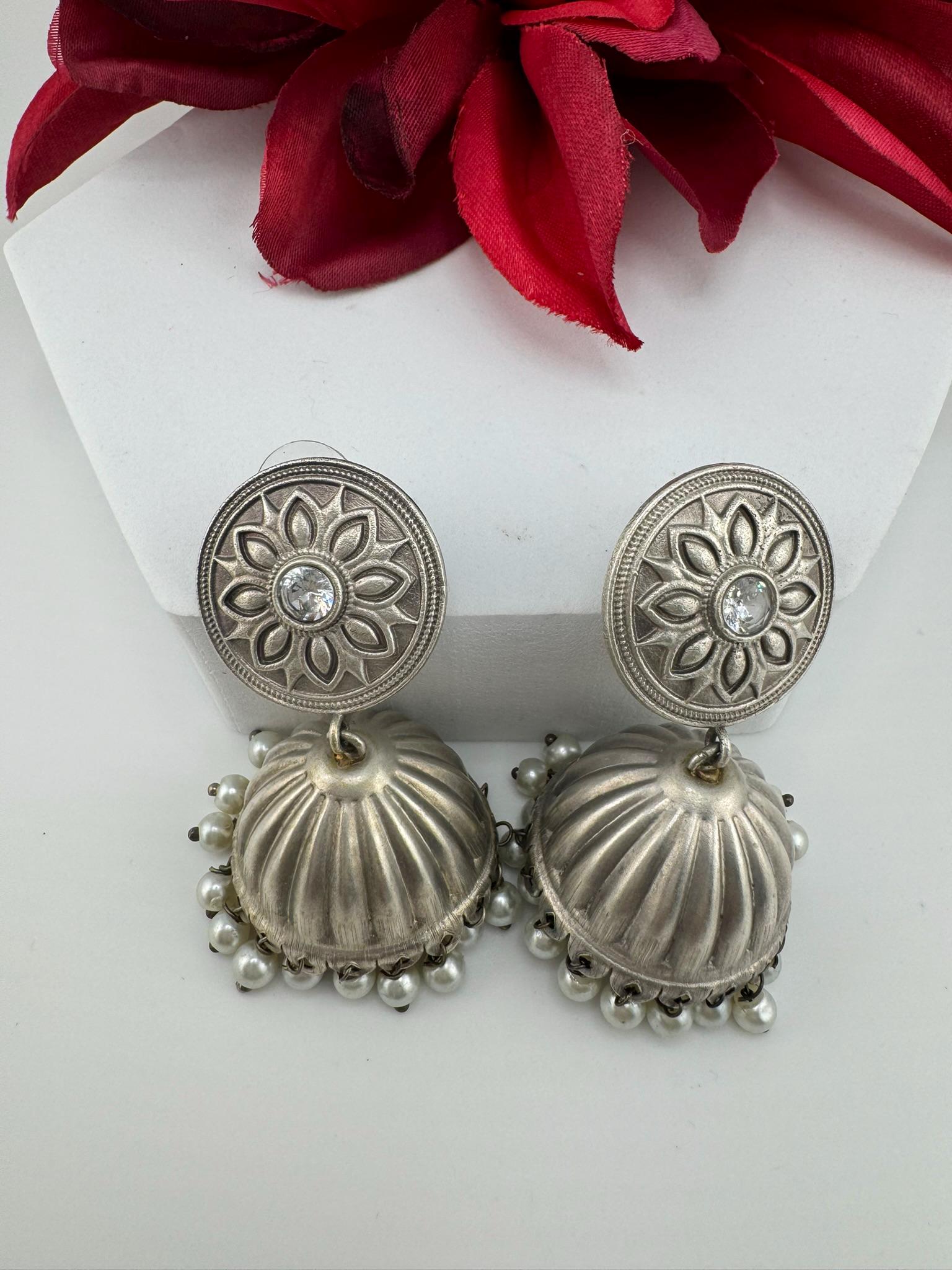 Silver Polish Premium Oxidized Jhumka earrings with CZ stone, pearls