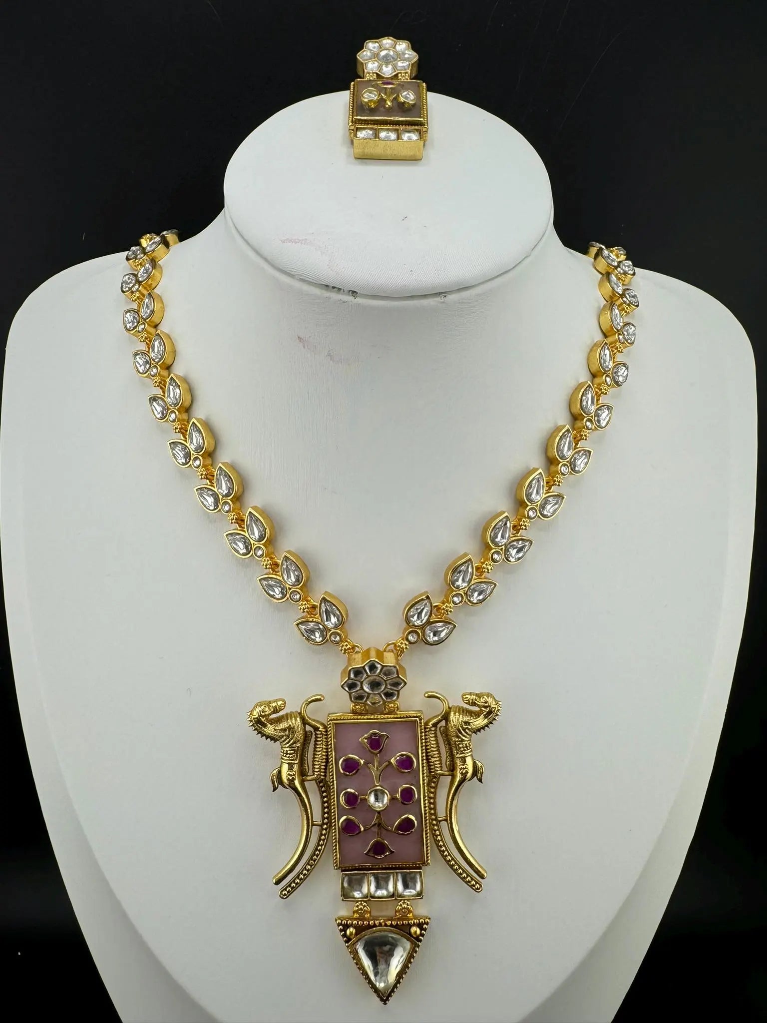 Pink Amrapali Inspired, Premium Quality Inlay work on natural stone long Necklace set