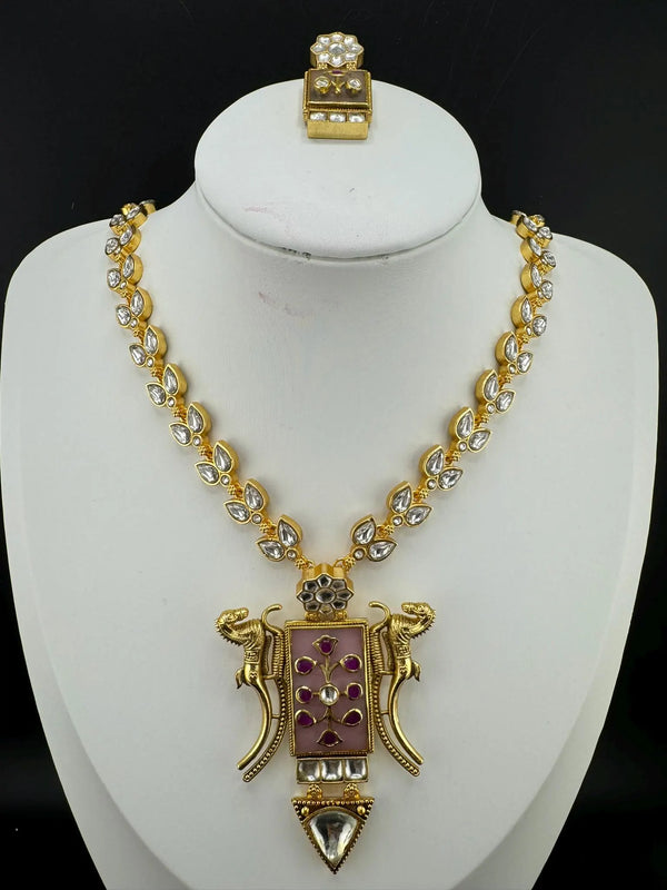 Pink Amrapali Inspired, Premium Quality Inlay work on natural stone long Necklace set