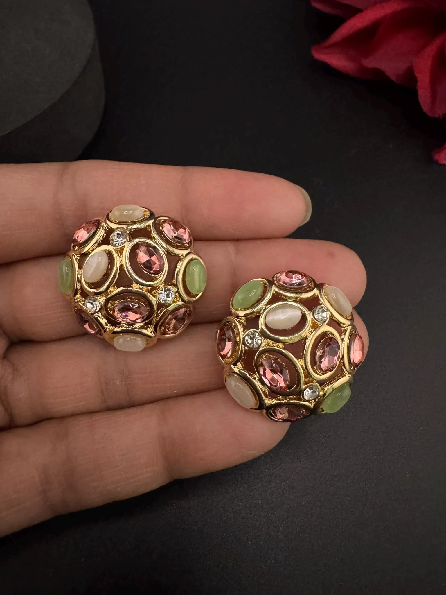 Premium Cubic Zirconia, Glass Crystals in gold is Swarovski inspired designer studs earrings