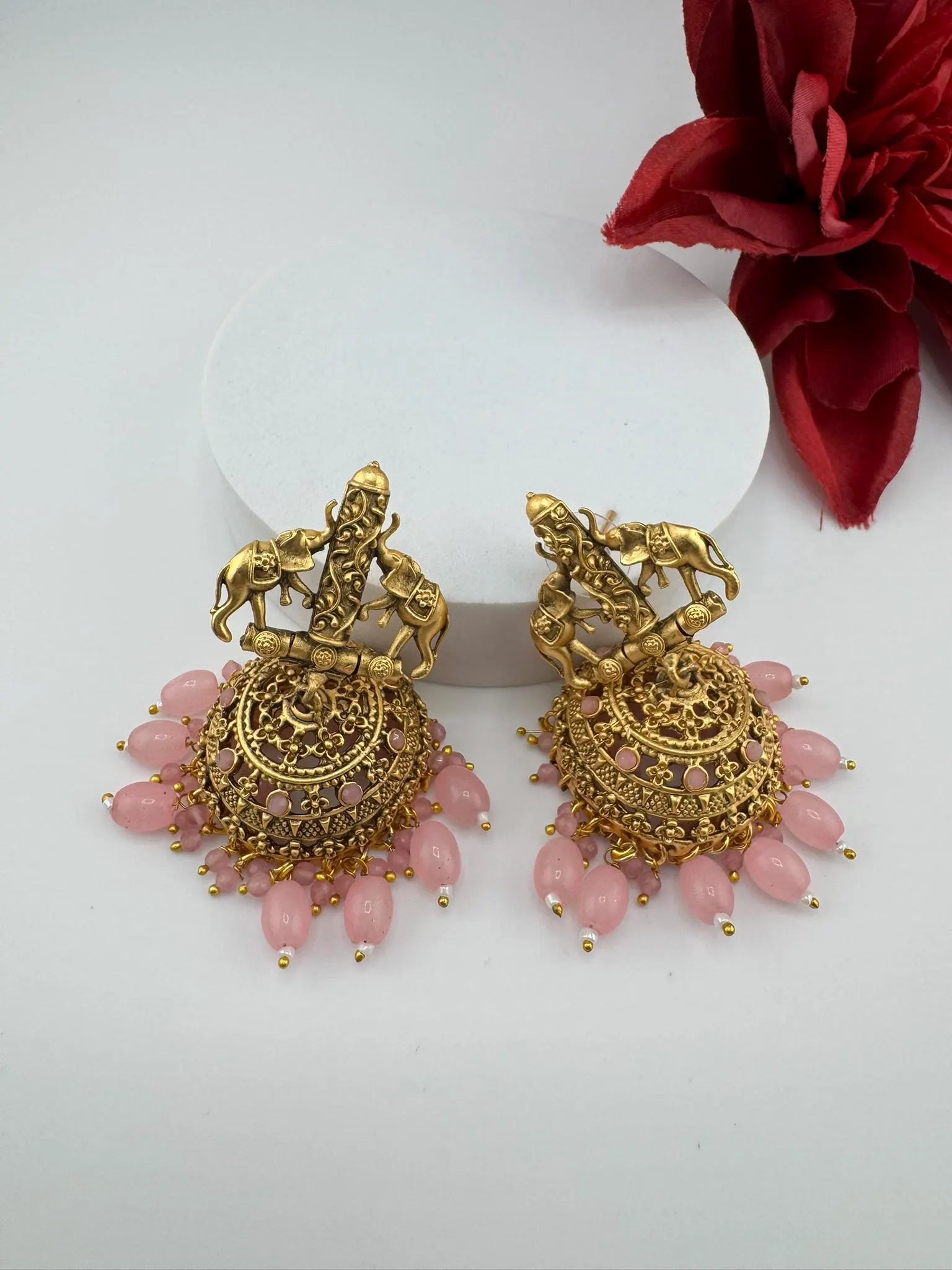 Amrapali inspired Premium Pink stones and pearls jhumka, Matt Gold designer earrings