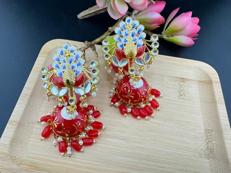 Peacock Jhumka Earrings with Kundan, Minakari, CZ and pearls in Gold Polish