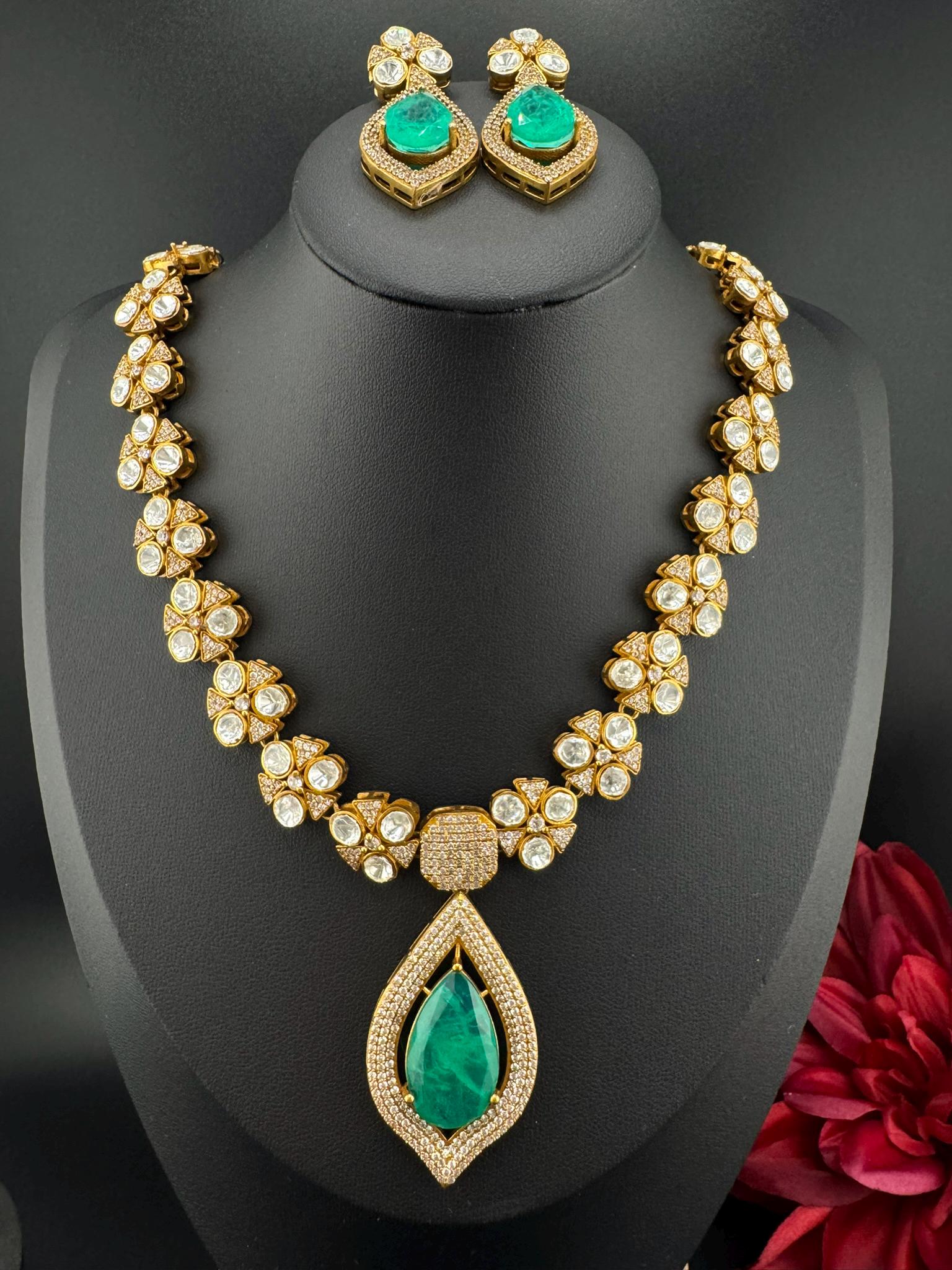 Polki Premium Moissanite Kundan, CZ, Turquoise Doublet Stone Long Necklace set with earrings