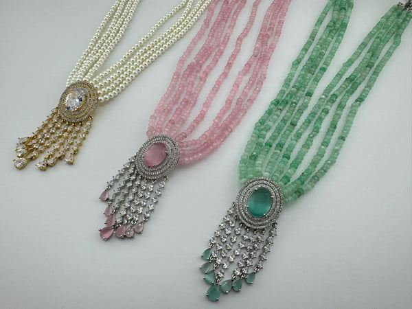 Premium Long necklace,Rani Haar with CZ pendant, natural stones and onyx beads Long Necklace set