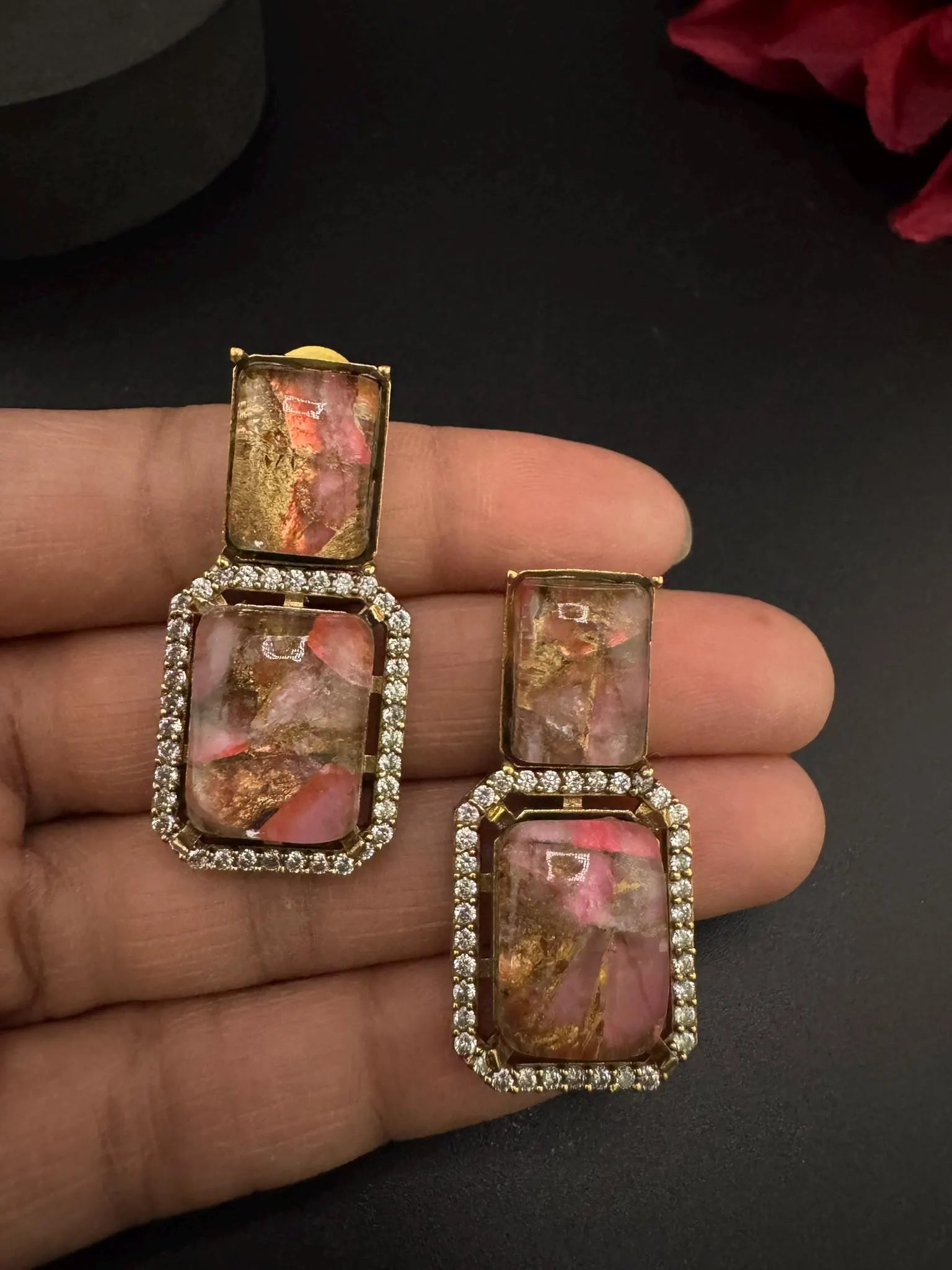 Premium Doublet Marble stone and Cubic Zirconia designer Drop earrings