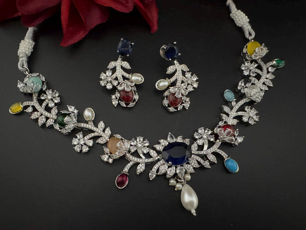 Blue Premium American Diamond, Cubic Zirconia, stones and pearls Floral Necklace with earrings