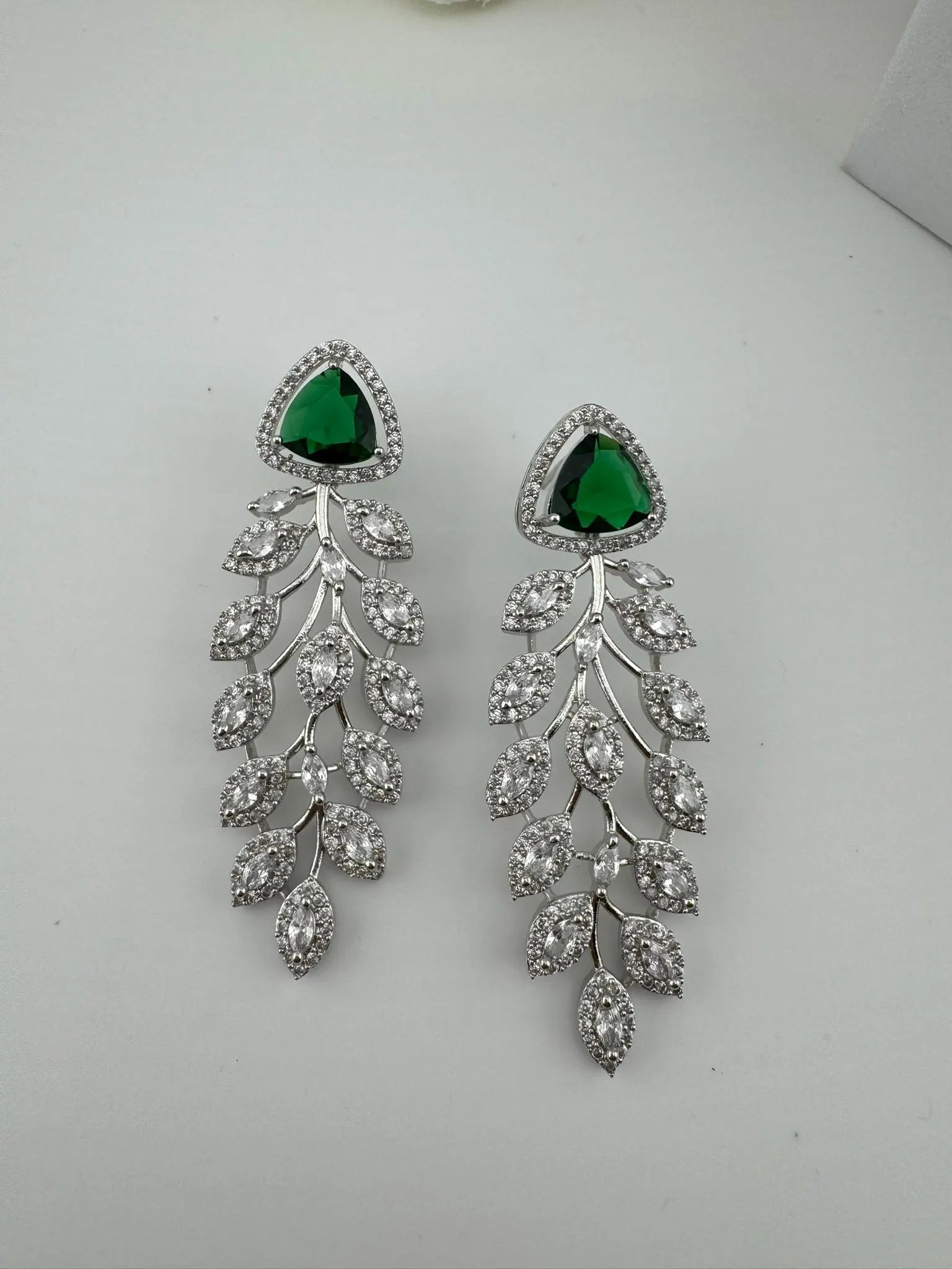 Leaf style Premium Cubic Zirconia, Crystal, Natural stone in silver color Long earrings