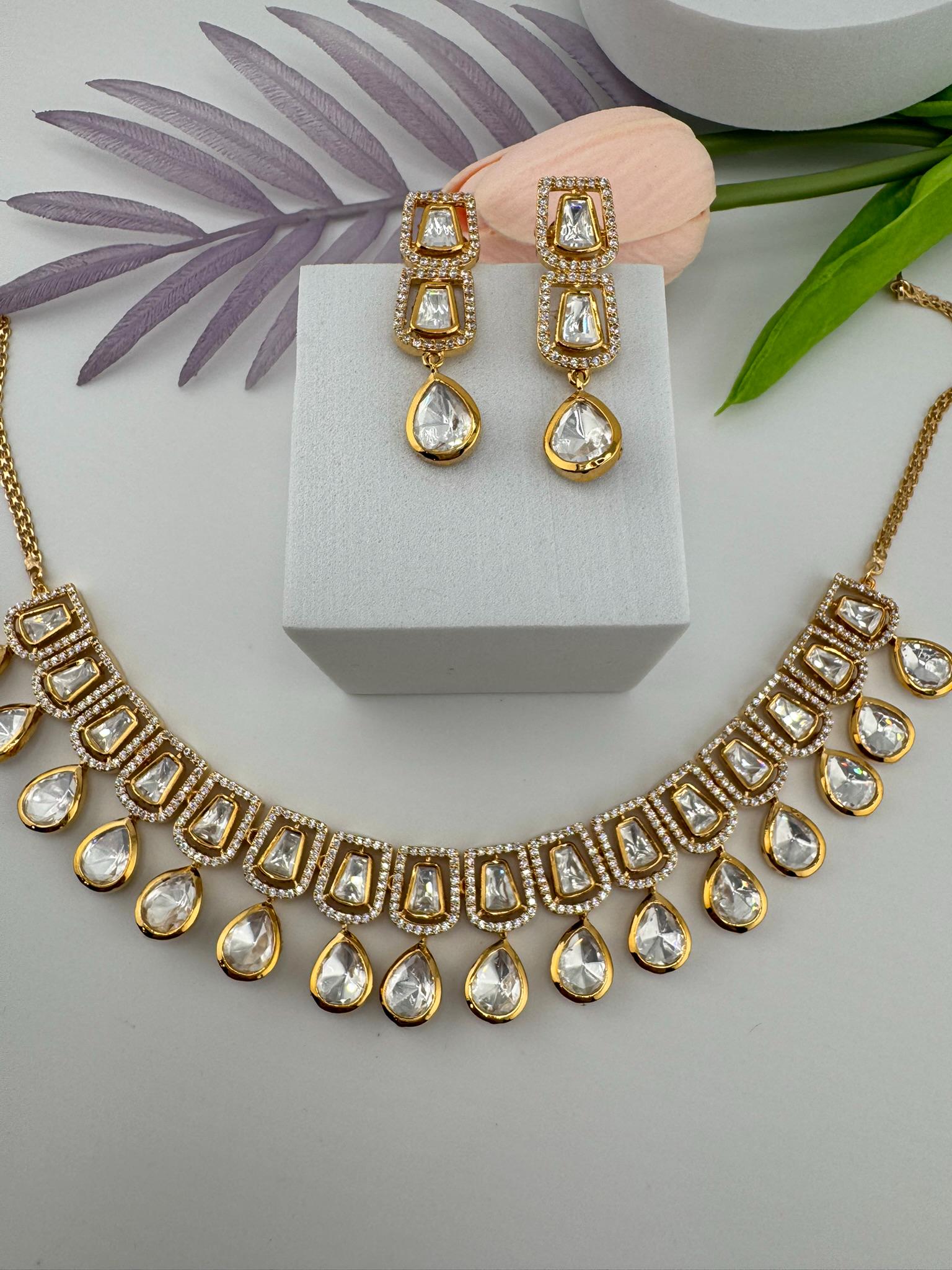Premium Quality Moissanite Uncut Kundan & CZ is Tyaani Inspired Designer Necklace set with earrings