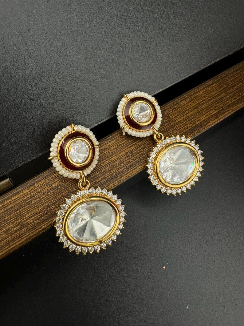 Premium Drop earring with uncut Kundan, CZ, pearls is Tyaani inspired Earrings
