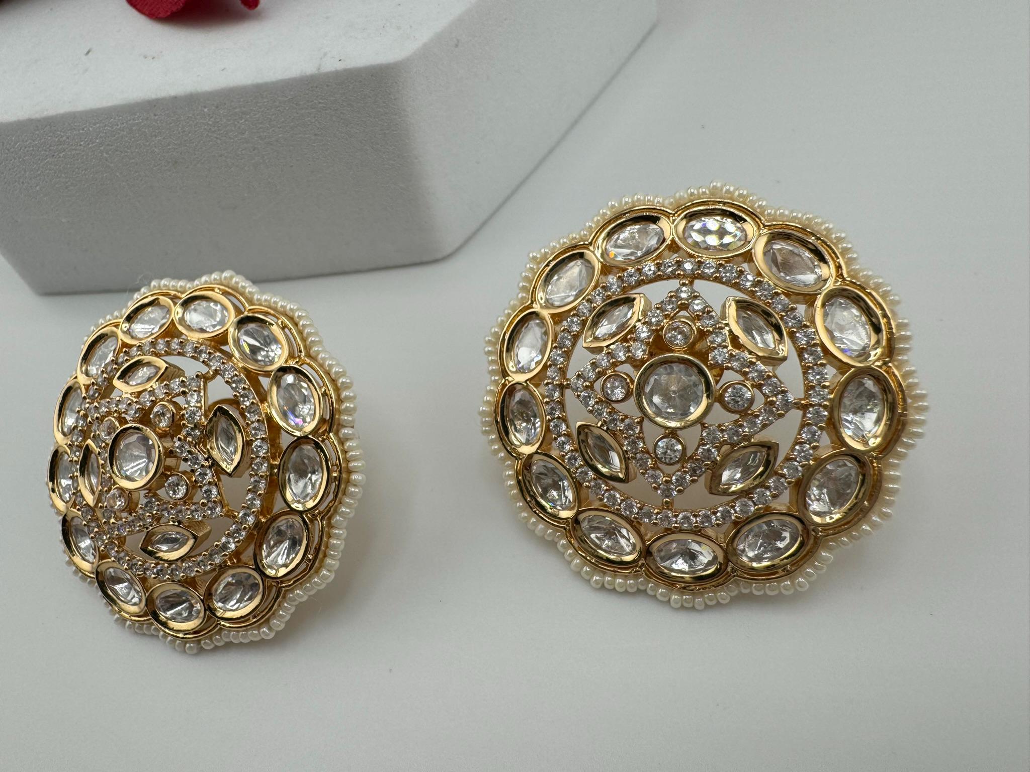 Tyaani inspired Designer Premium Moissanite Kundan and CZ Big studs earrings