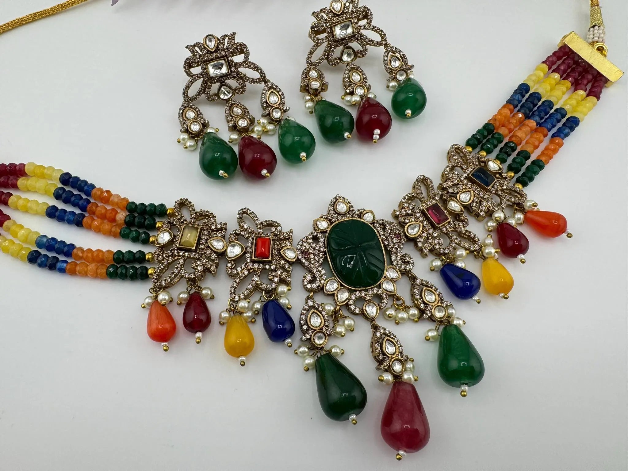 Multicolor Premium Quality Moissanite Uncut Kundan, CZ, carved stones, Onyx beads mala is Designer Choker necklace set with long earrings
