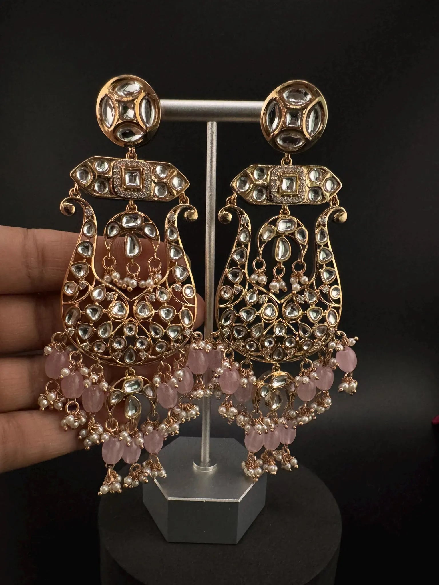Tyaani inspired Premium Uncut Kundan, Pink Pearls, CZ designer earrings/Long Chandelier earrings