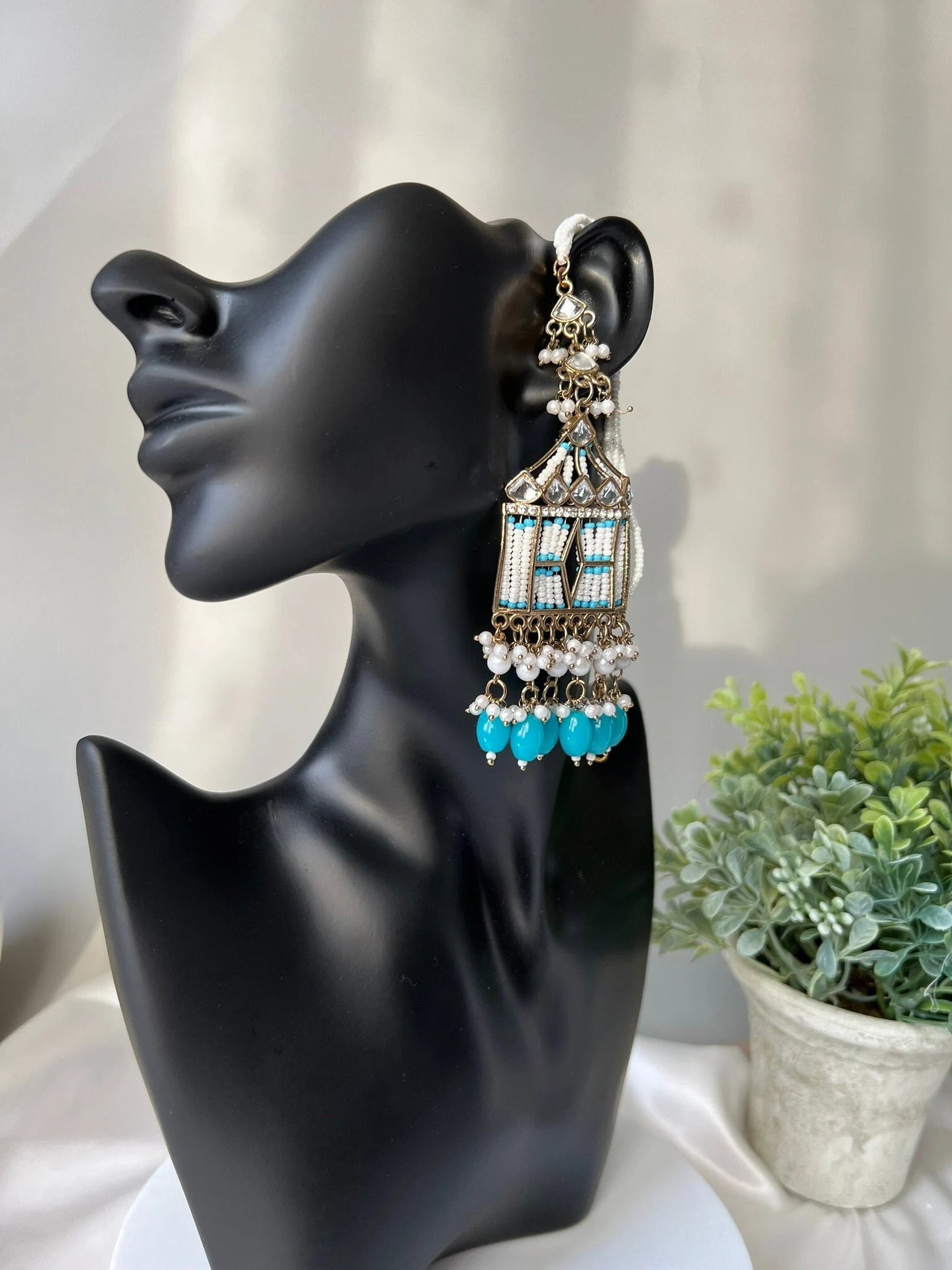 Blue Doli Chandbali Earrings with Ear Supporting Chain with Kundan, CZ and pearls