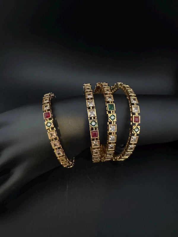 Set of 4 Matt Gold and multicolor stones in Amrapali inspired bangles set