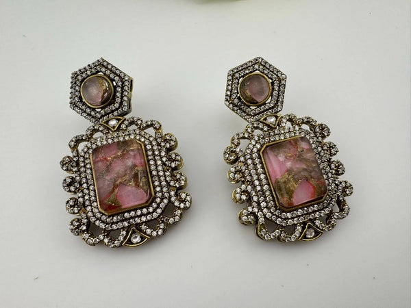 Premium Drop earrings with Marble Doublet stone and cubic zirconia, Gold polish