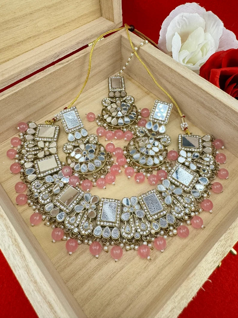 Mirror and pink pearls Necklace set with long earring and Tika