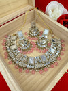 Mirror and pink pearls Necklace set with long earring and Tika
