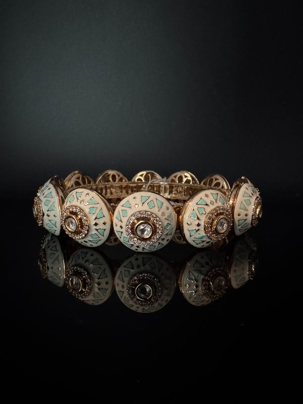 Moissanite Kundan, Enamel, CZ Rajwadi Pacheli Bracelet Bangle Kada, Gold Polish(fits 2.6" wrists)