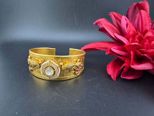 Moissanite Kundan, CZ, pearl Peacock Cuff Bracelet Bangle, Gold Polish Bangle (Fits 2.6" Diameter)