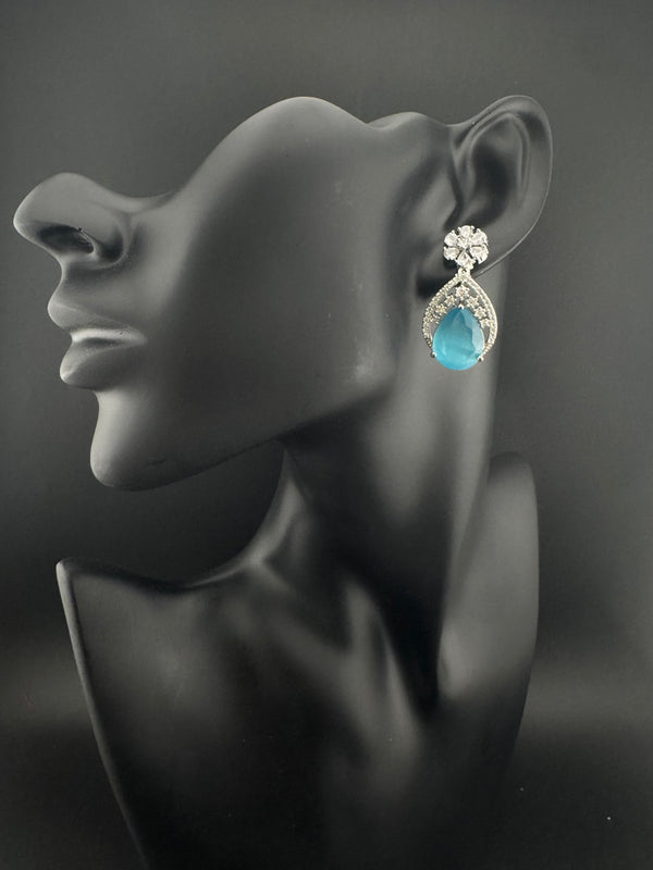 Cubic Zirconia, Diamond, stone, Silver Polish Designer inspired Dangle Drop earrings, Indian Jewelry