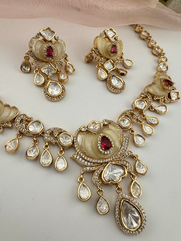 Kundan, Moissanite, MOP, CZ Flexible Gold necklace set, Indian Bridal Jewelry