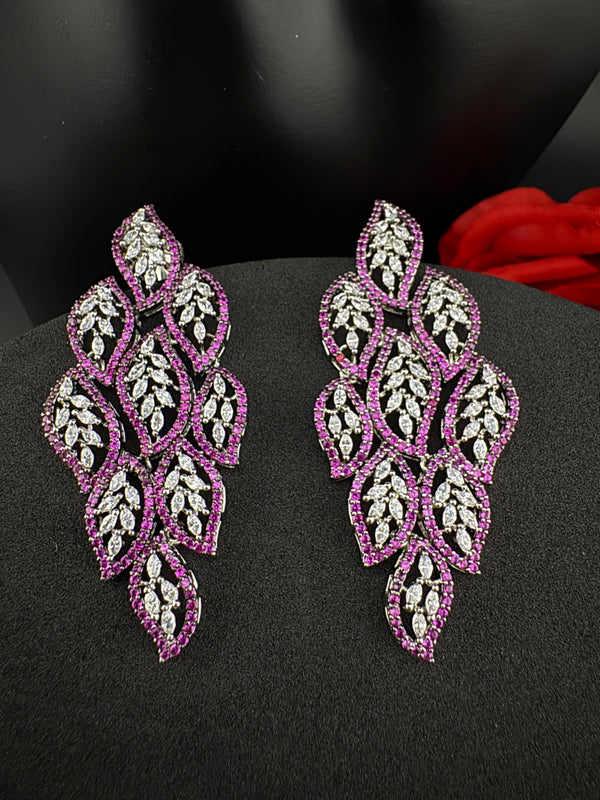 Premium Nano Setting Cubic Zirconia Long Chandelier earrings in leaf shape, stylish, designer Statement long earring/Bridal Bridesmaid