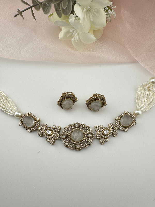 Moissanite Kundan, Pearls, CZ, Stones Choker necklace set, Indian Bridal Jewelry, chic set