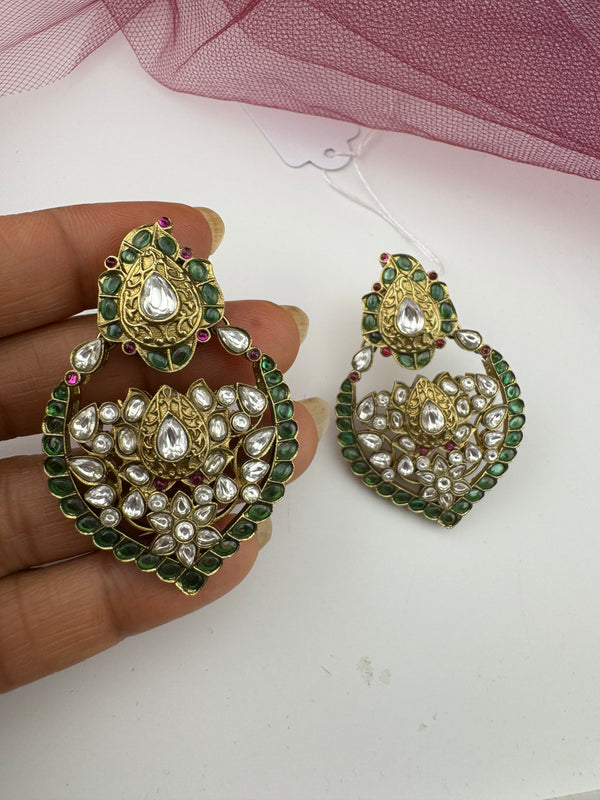 Amrapali inspired, Matt Gold with uncut kundan and CZ chandbali earrings