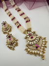Rajwadi Kundan Enamel Pearls Long Gold Necklace Set, Indian Bridal Rani Haar