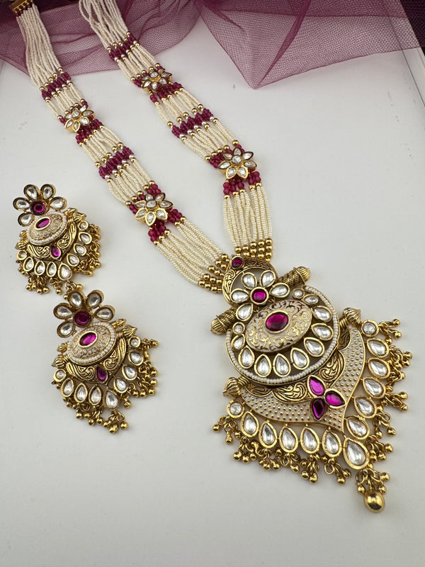 Rajwadi Kundan Enamel Pearls Long Gold Necklace Set, Indian Bridal Rani Haar