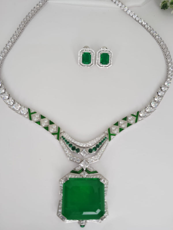 Green Doublet stone, Enamel and CZ Diamond all over Necklace Set, White Gold Plated