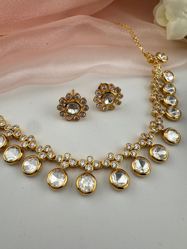 Kundan, Moissanite, CZ Sleek Flexible Gold necklace set, Indian Bridal Jewelry