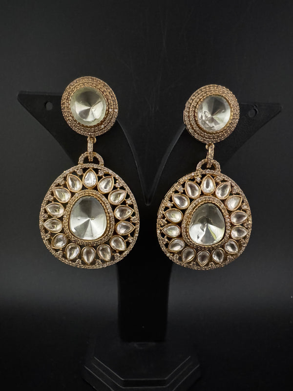 Golden Kundan, CZ, Chandbali Earrings, High shine, Bridal, Moissanite, Designer jewelry