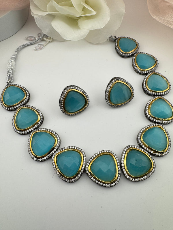Stones, CZ Gold Plated Collar necklace set, Indian Bridal Jewelry set