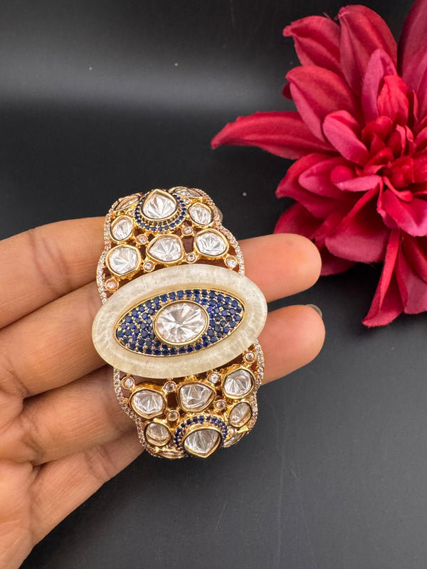 Moissanite Kundan, MOP, CZ Adjustable Bracelet Bangle, Gold Polish Designer Bangle