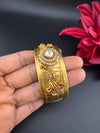 Moissanite Kundan, CZ, pearl Peacock Cuff Bracelet Bangle, Gold Polish Bangle (Fits 2.6" Diameter)