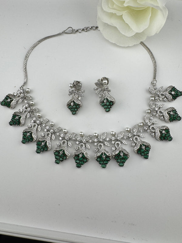 CZ Diamond Statement sleek Necklace Set, White Gold Plated Choker, 3D nature inspired